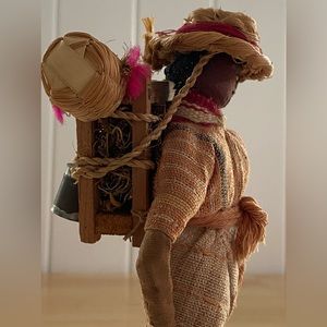 Vintage fabric DOLL handmade GUATAMALA dark MAN mini backpack basket straw hat